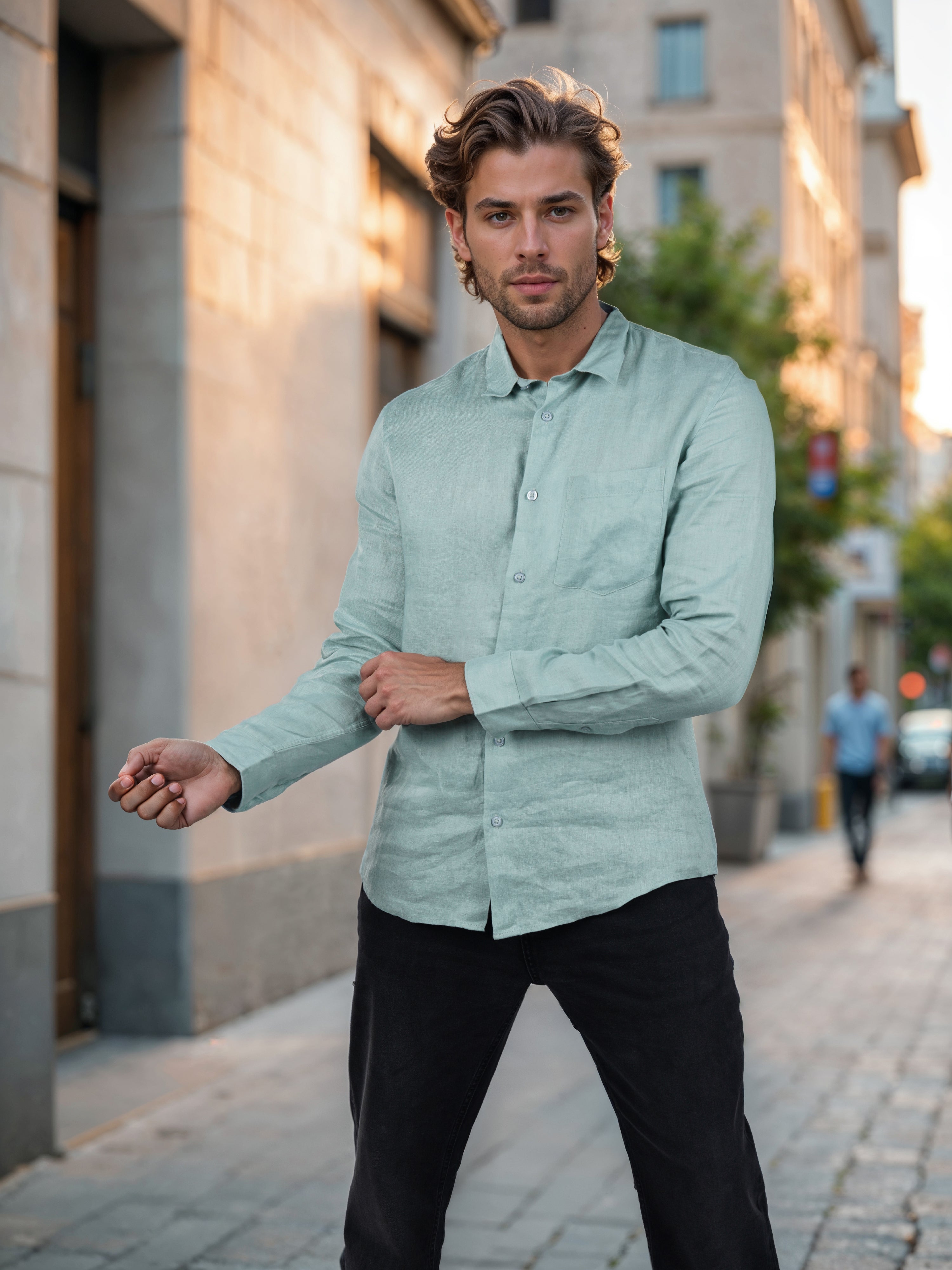 Green Solid Linen Shirt