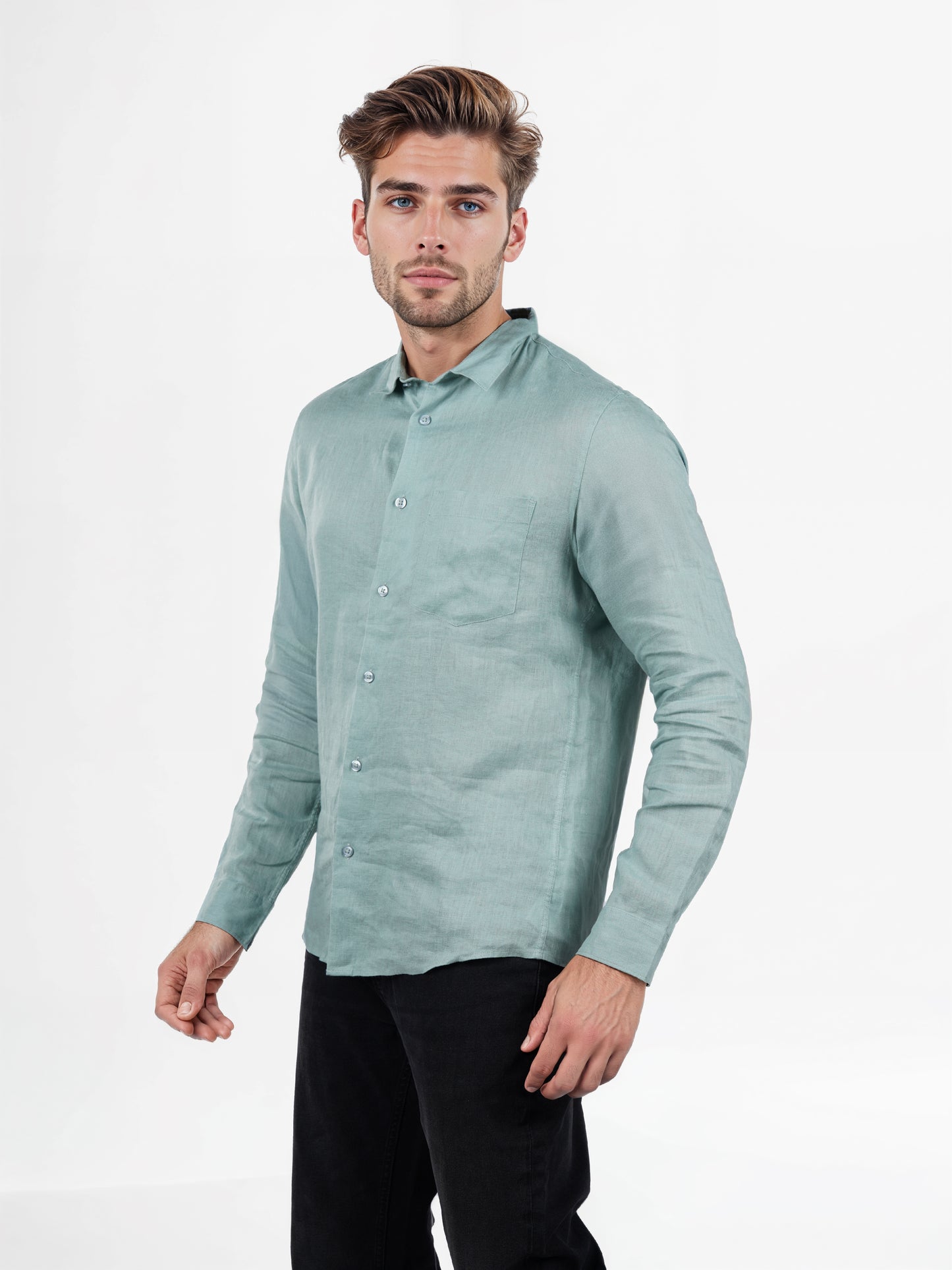 Green Solid Linen Shirt