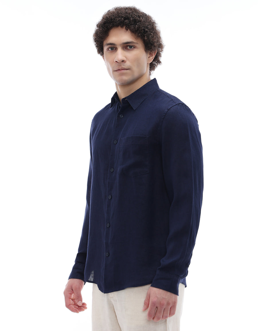 Regular Fit 100% Linen Shirt - Navy Blue