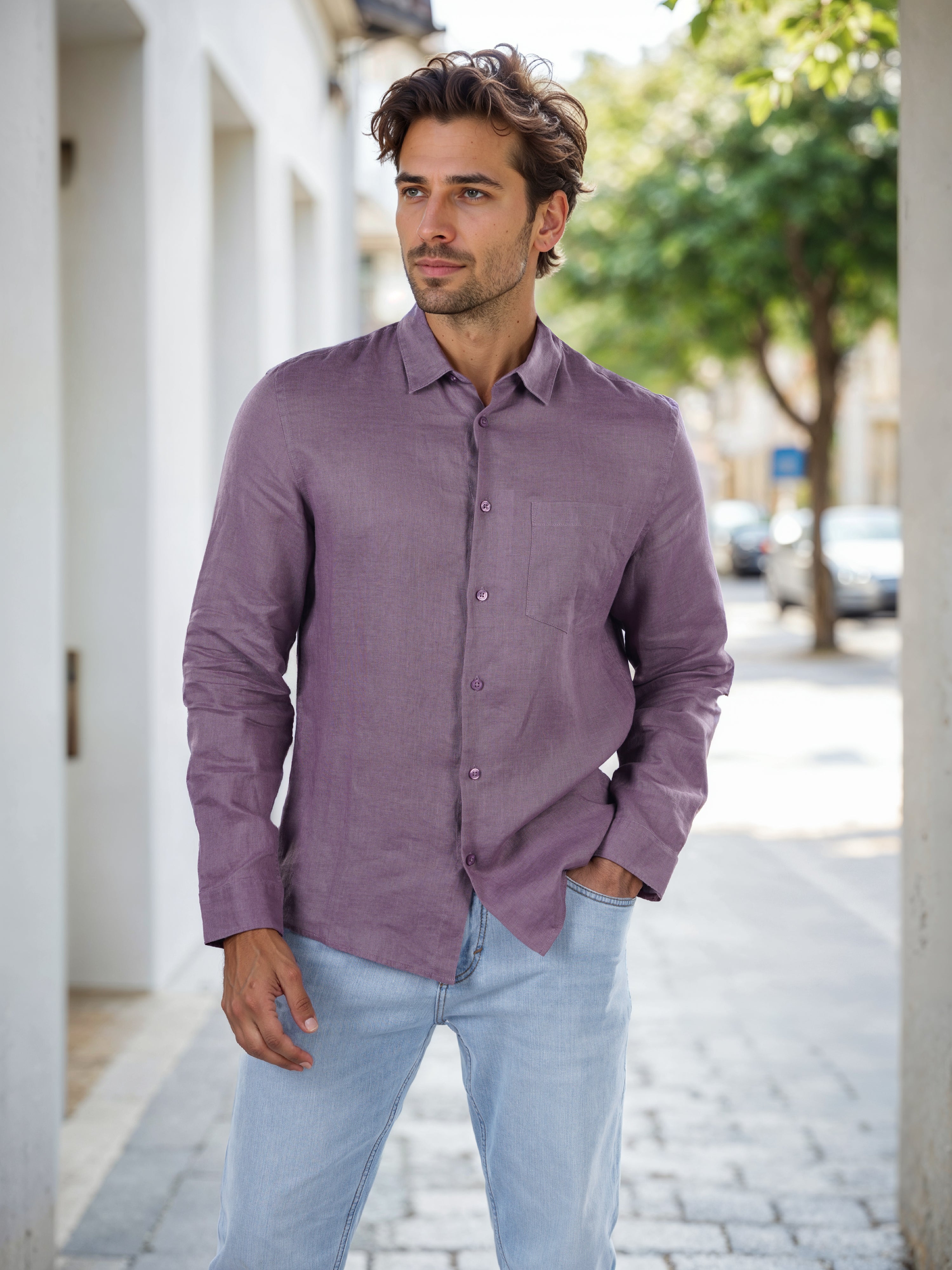 Purple Solid Linen Shirt