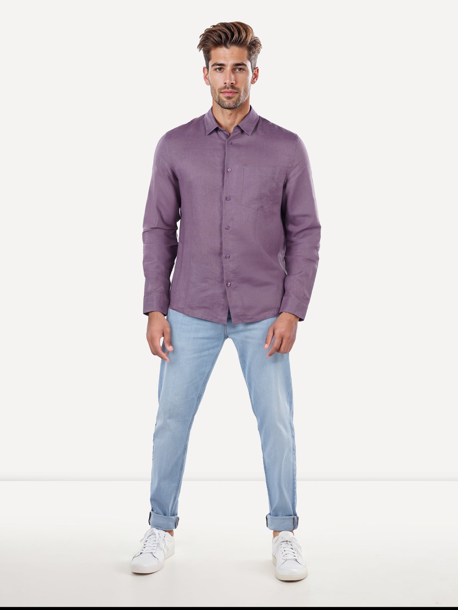 Celio Mens Purple Solid Regular Fit Linen Shirts