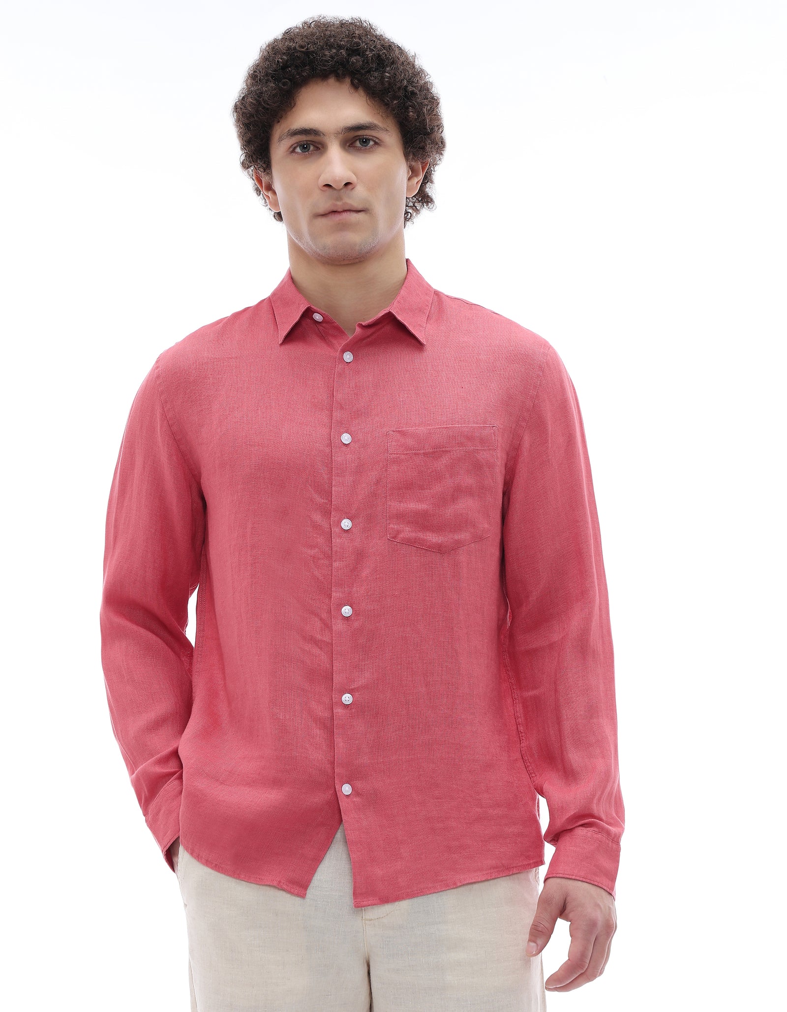 Celio Regular Fit Spread Collar 100% Linen Shirt - Red