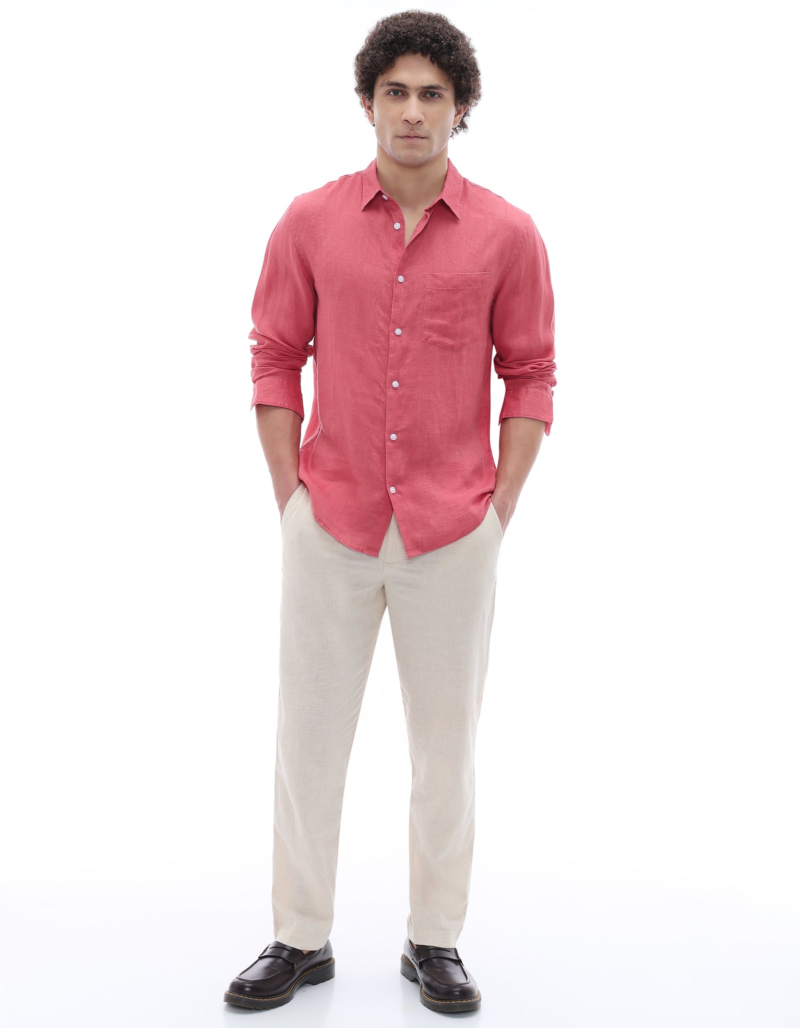 Celio Regular Fit Spread Collar 100% Linen Shirt - Red
