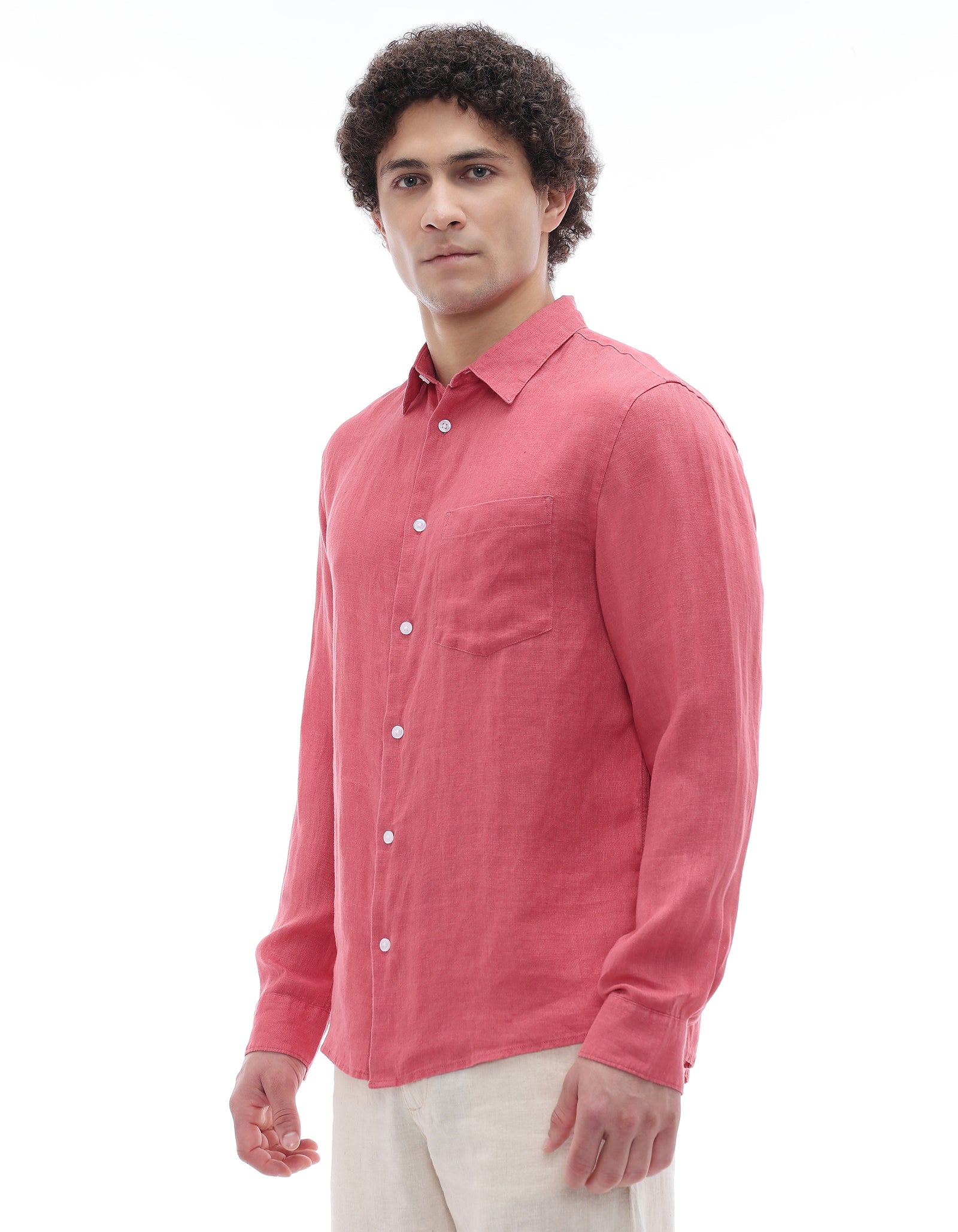 Celio Regular Fit Spread Collar 100% Linen Shirt - Red