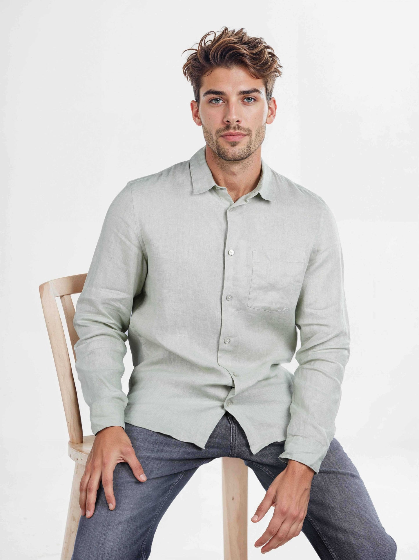 Celio Men Green Solid Regular Fit Linen Shirts