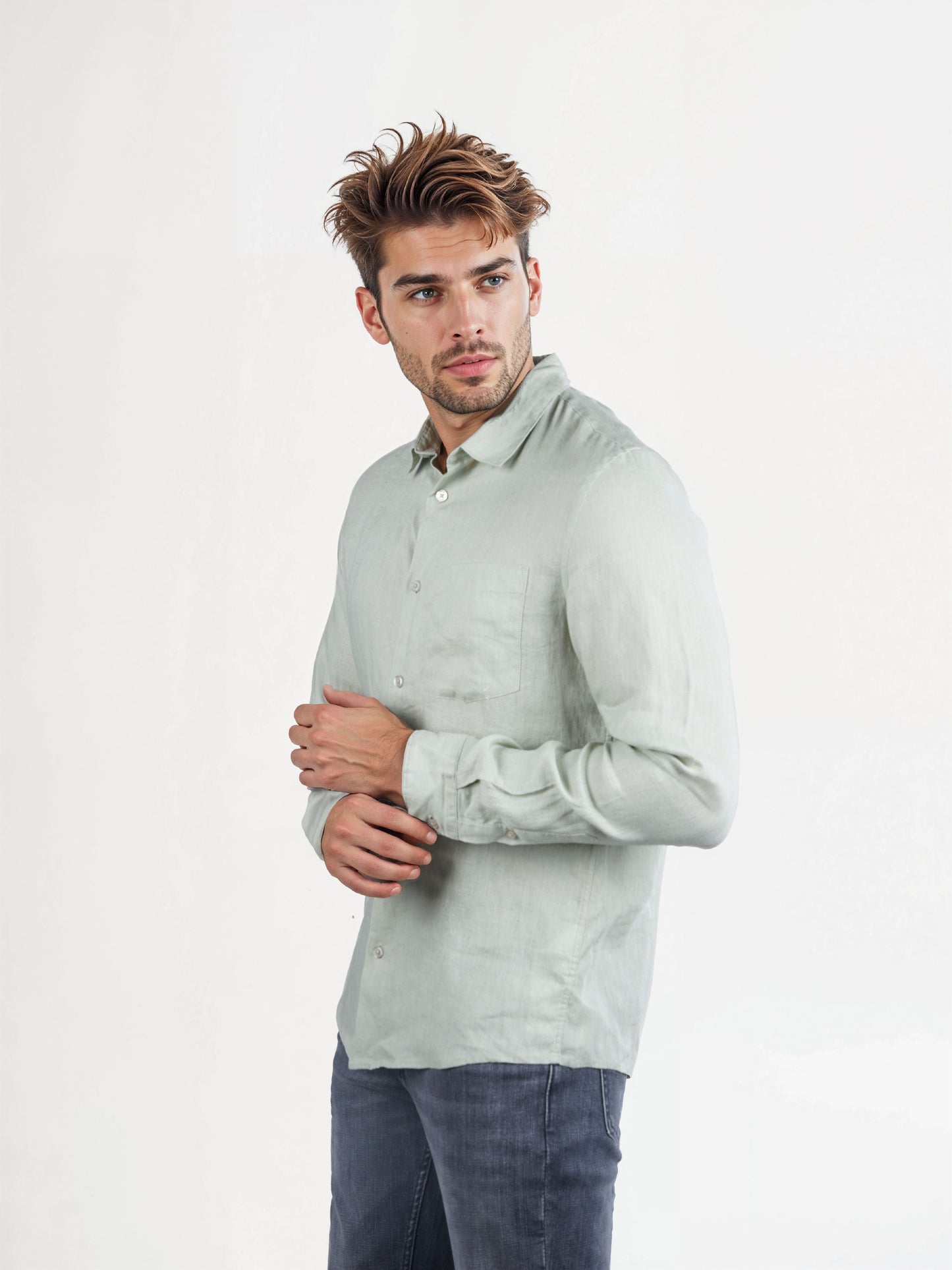 Celio Men Green Solid Regular Fit Linen Shirts