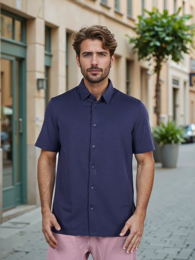 Celio* Solid Regular Fit Poly-Cotton Navy Blue Shirt