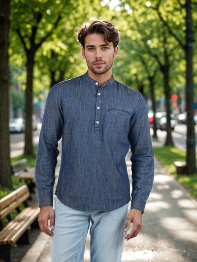 Celio* Solid Regular Fit Cotton-Blend Blue Shirt