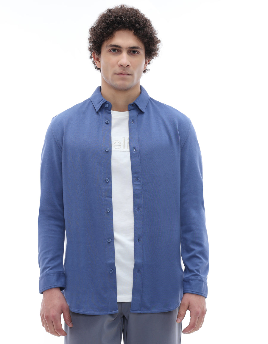 Celio* Men Blue Solid Regular Fit Cotton-Blend Shirts