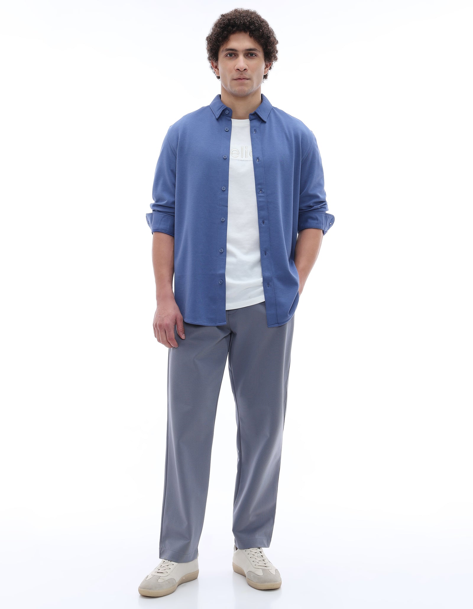 Celio* Men Blue Solid Regular Fit Cotton-Blend Shirts