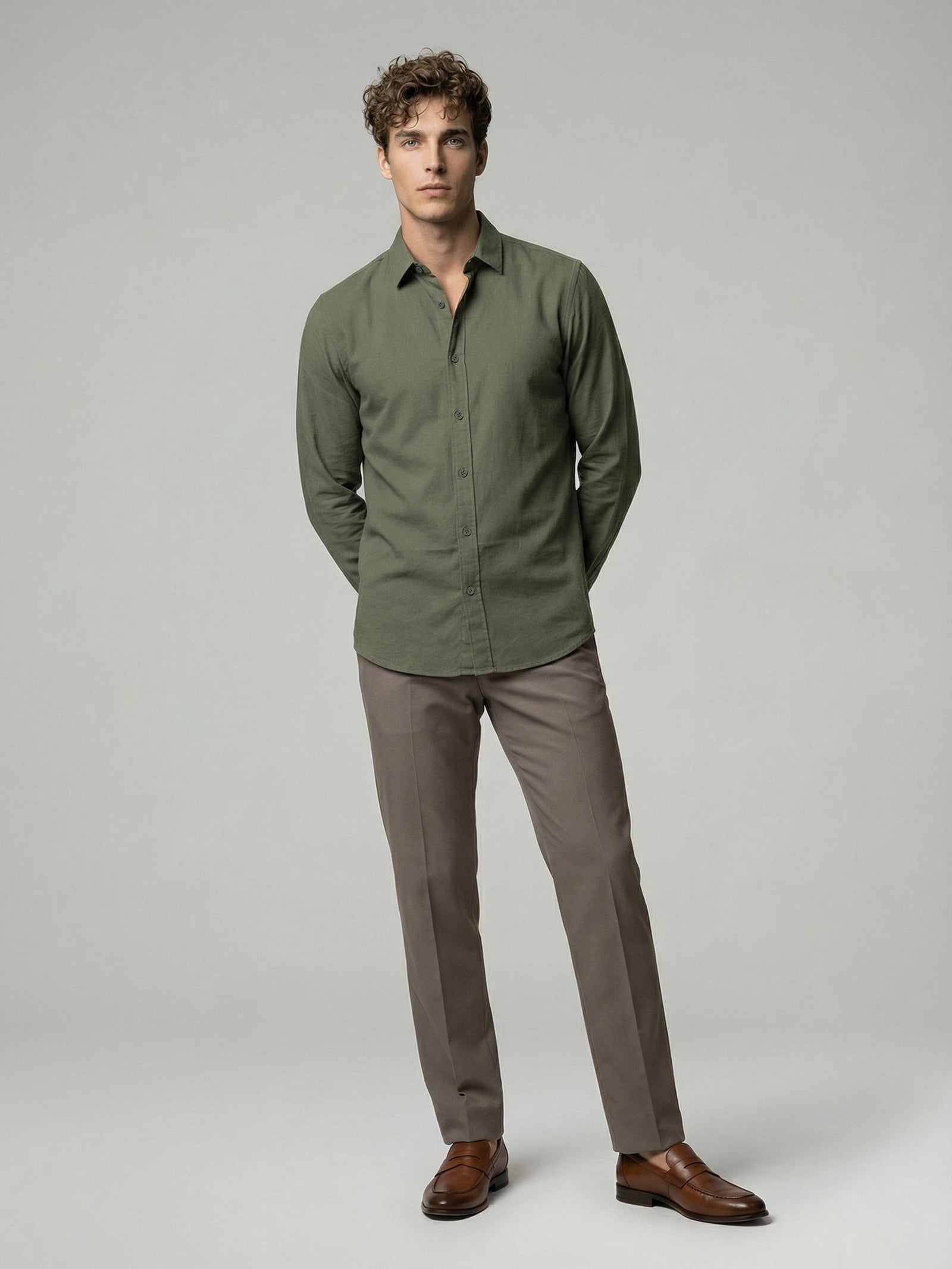 Celio* Men Solid Olive Cotton Regular Fit Shirts