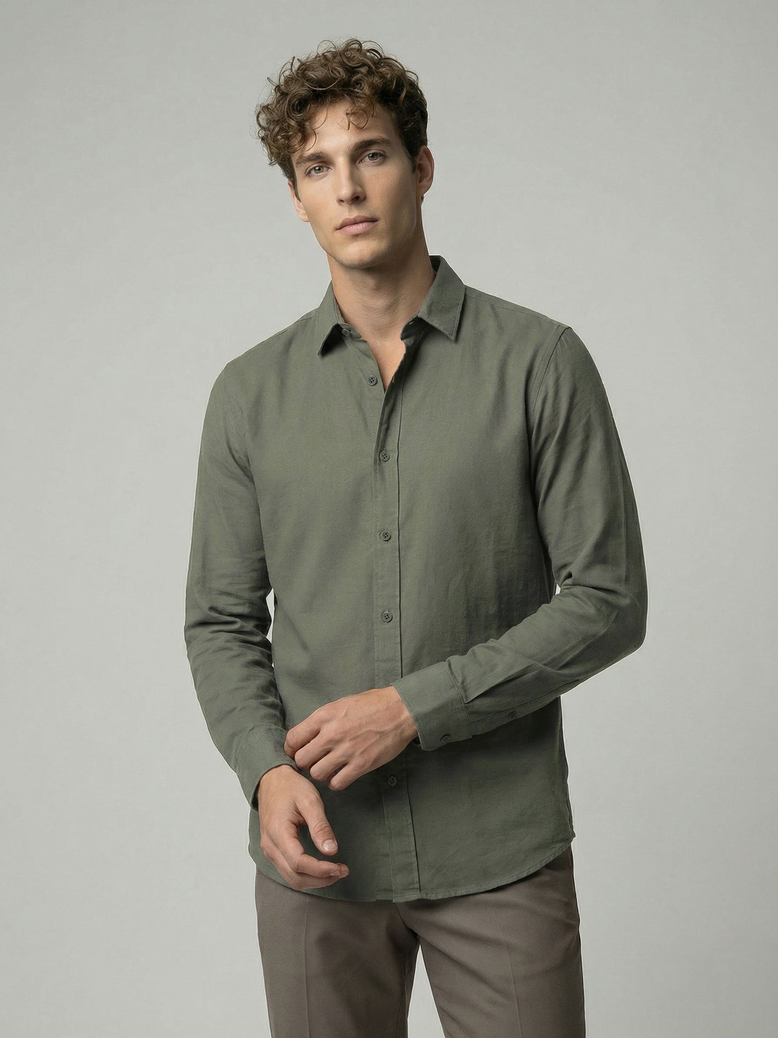 Celio* Men Solid Olive Cotton Regular Fit Shirts