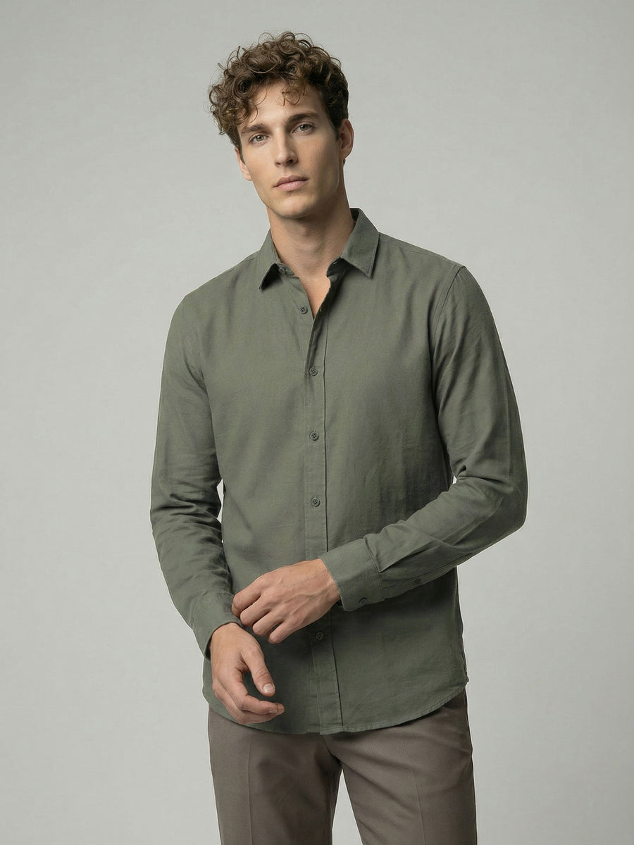 Celio* Men Solid Olive Cotton Regular Fit Shirts