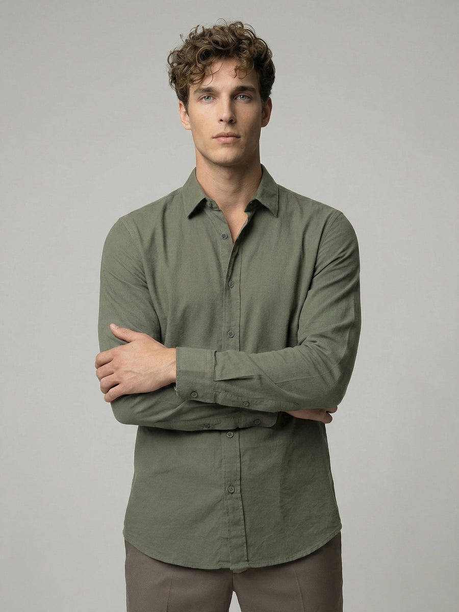 Celio* Men Solid Olive Cotton Regular Fit Shirts