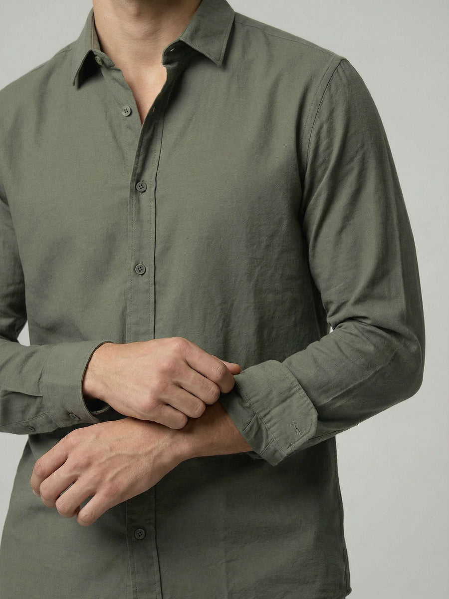 Celio* Men Solid Olive Cotton Regular Fit Shirts
