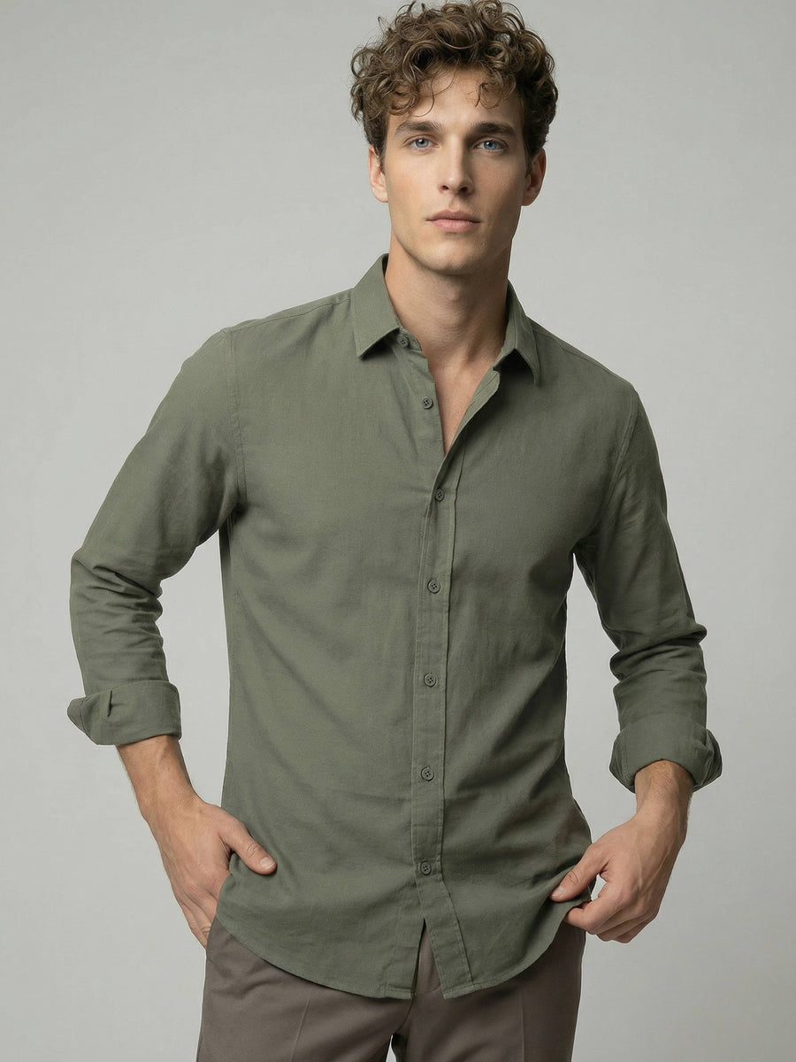 Celio* Men Solid Olive Cotton Regular Fit Shirts