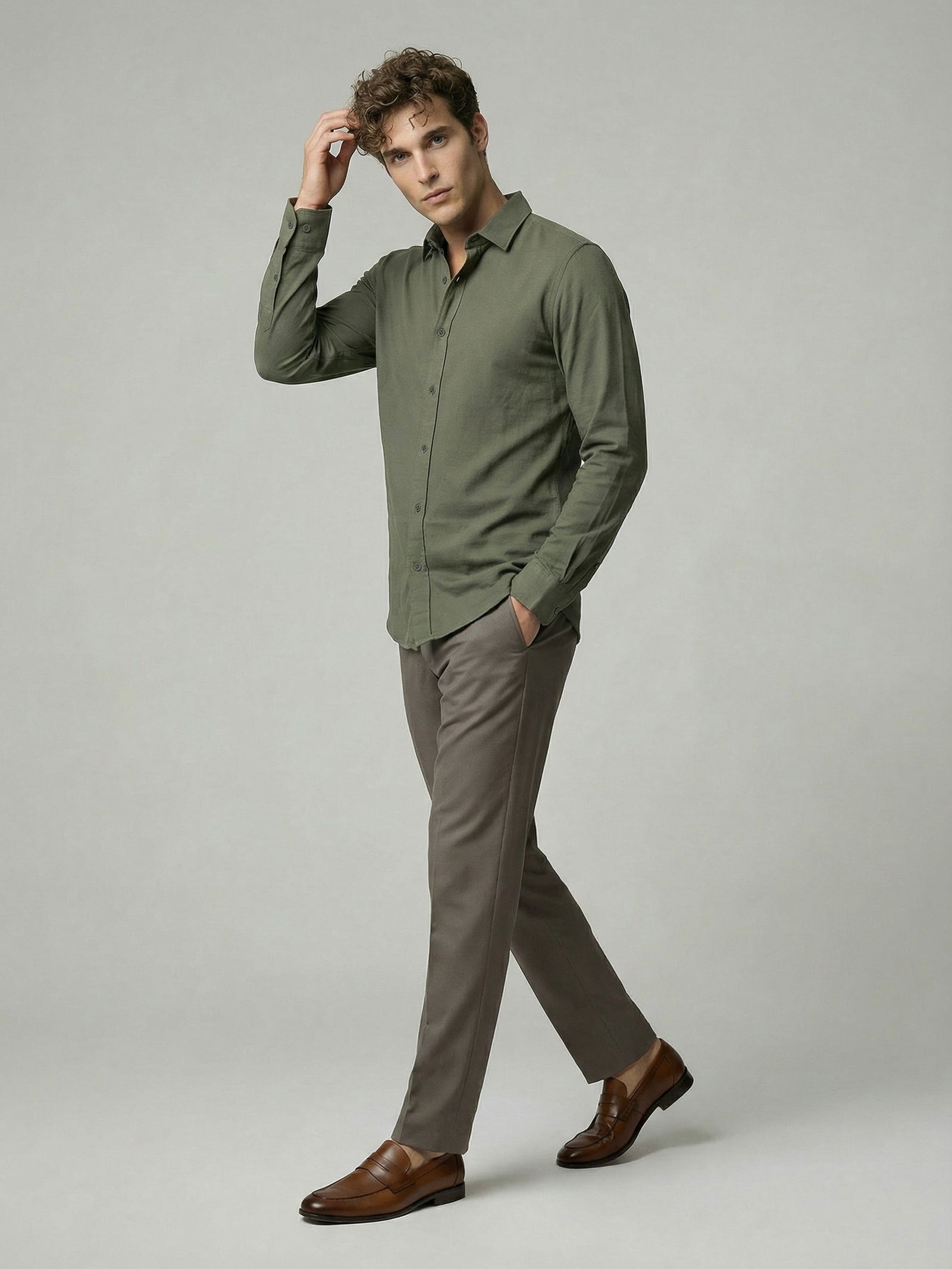 Celio* Men Solid Olive Cotton Regular Fit Shirts