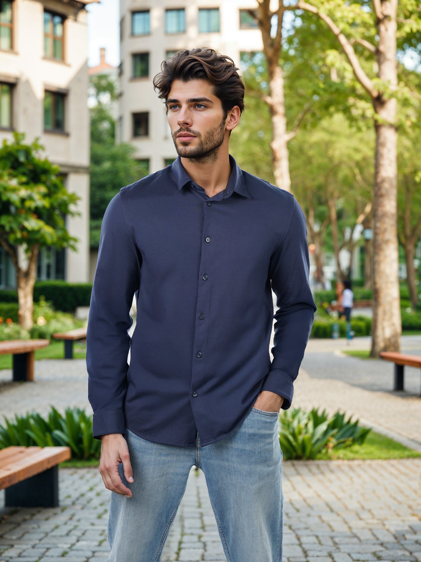 Celio* Solid Regular Fit Cotton-Blend Navy Blue Shirts