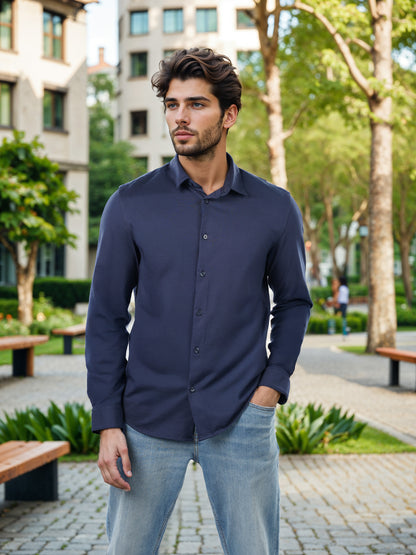 Celio* Solid Regular Fit Cotton-Blend Navy Blue Shirts