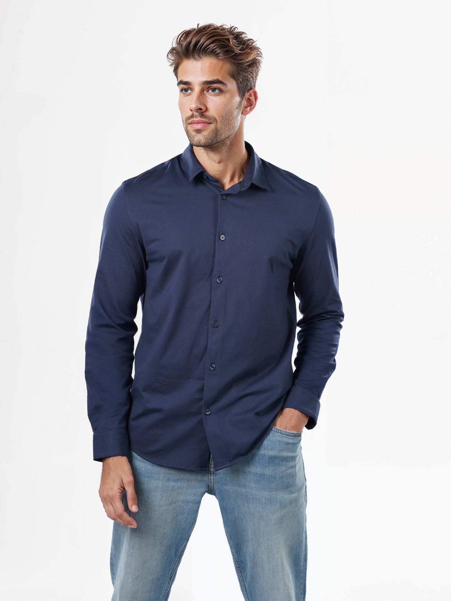 Celio* Solid Regular Fit Cotton-Blend Navy Blue Shirts