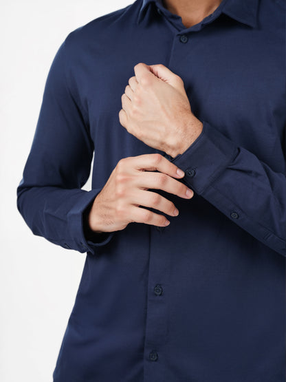 Celio* Solid Regular Fit Cotton-Blend Navy Blue Shirts