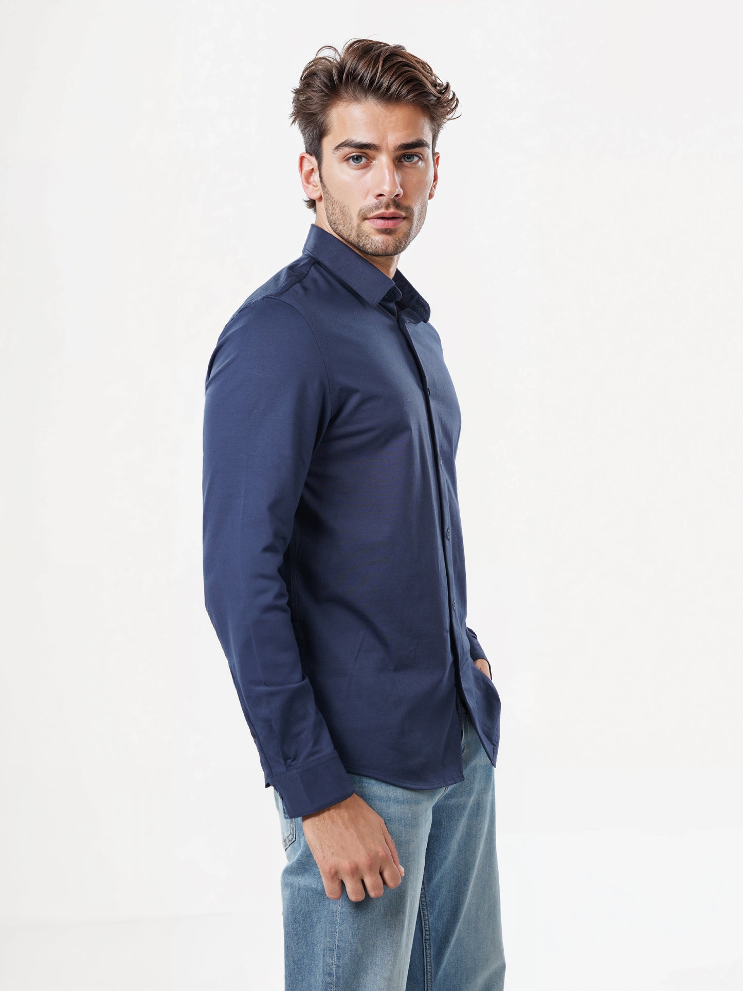 Celio* Solid Regular Fit Cotton-Blend Navy Blue Shirts