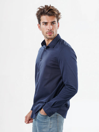 Celio* Solid Regular Fit Cotton-Blend Navy Blue Shirts