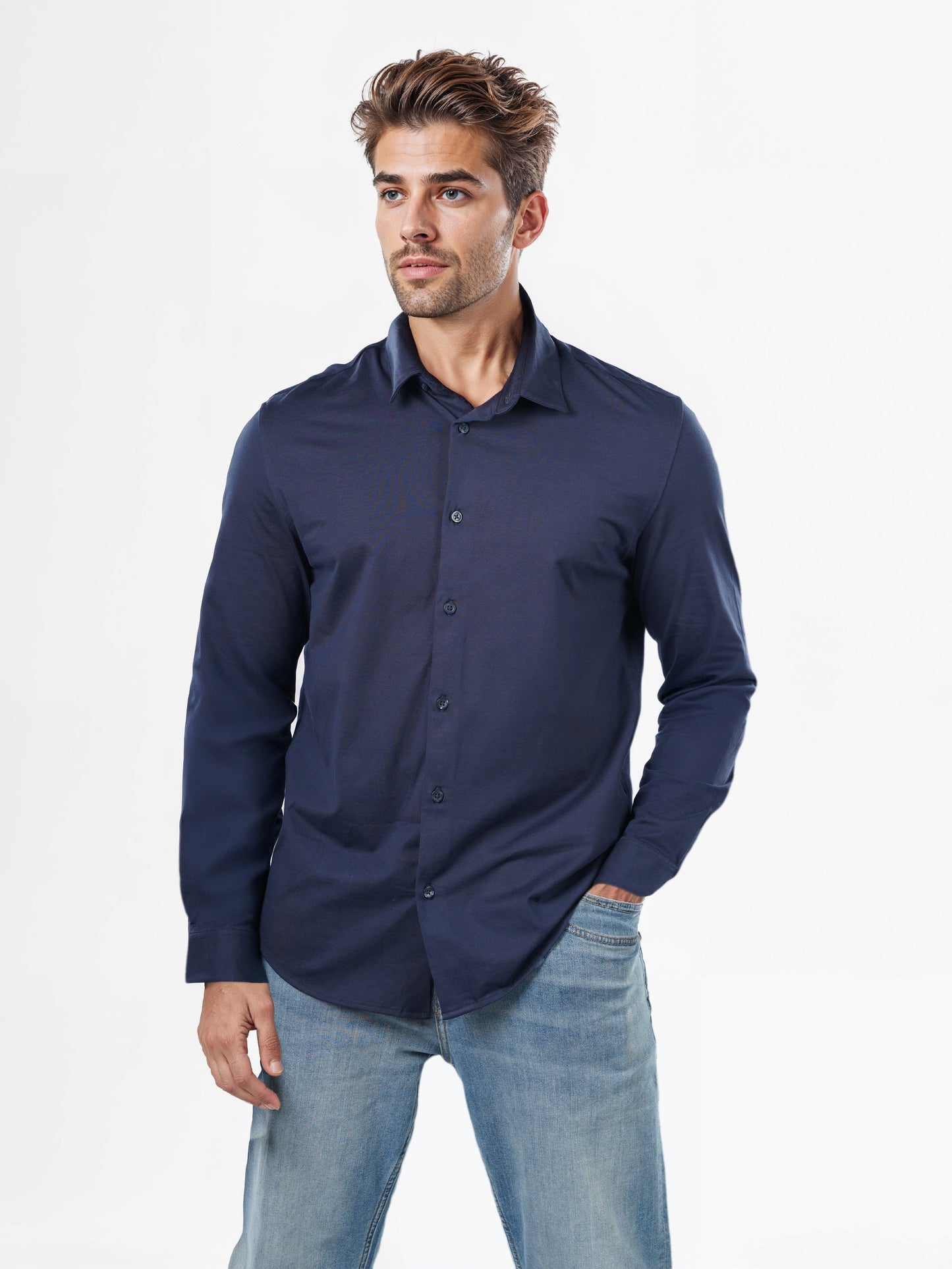 Celio* Solid Regular Fit Cotton-Blend Navy Blue Shirts