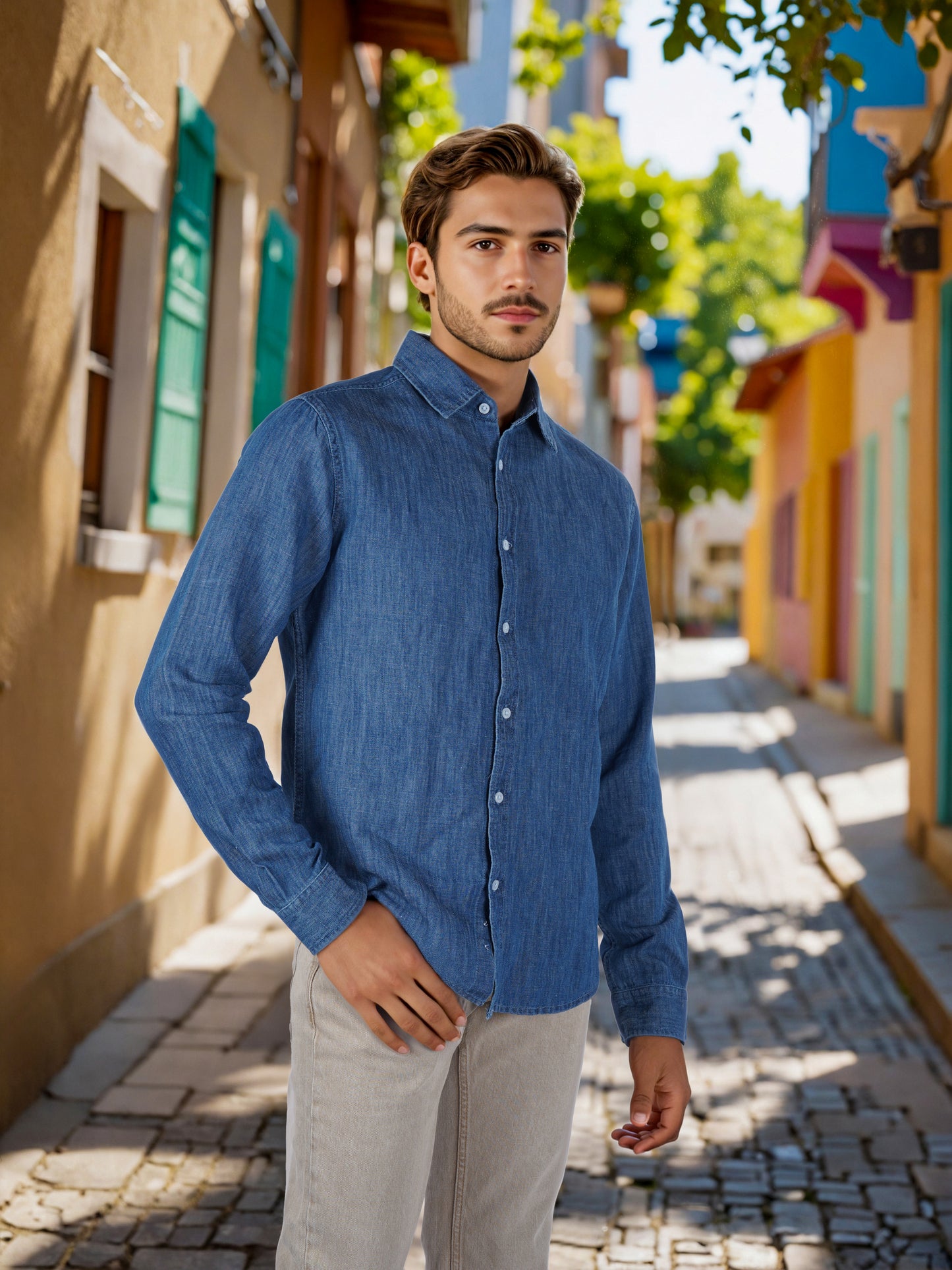 Celio* Men Blue Solid Regular Fit Cotton-Linen-Blend Shirts