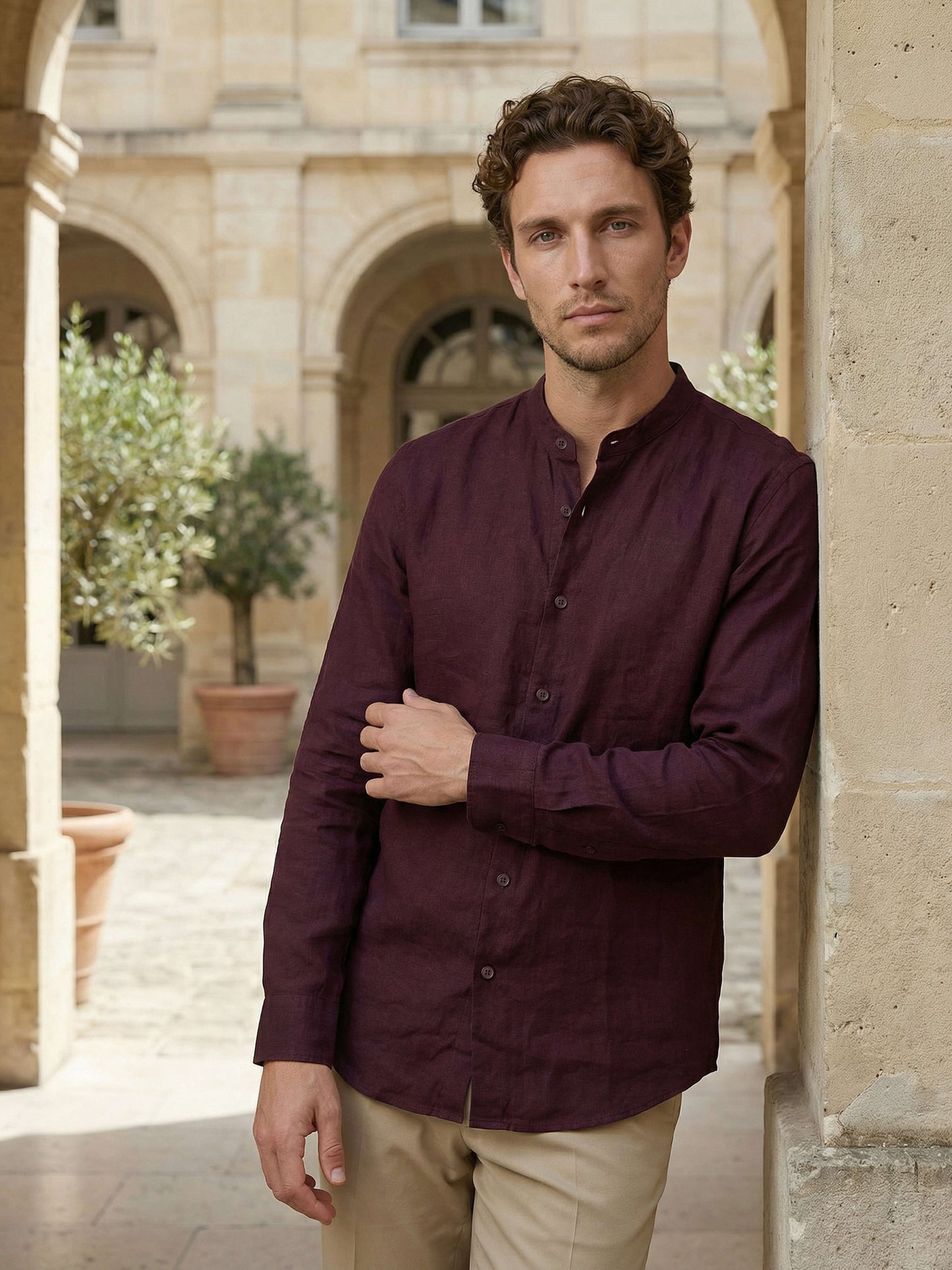 Celio Men Burgundy Solid Regular Fit 100% Linen Shirt