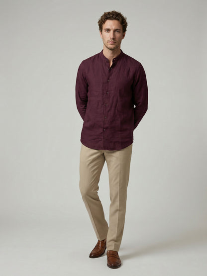 Celio Men Burgundy Solid Regular Fit 100% Linen Shirt