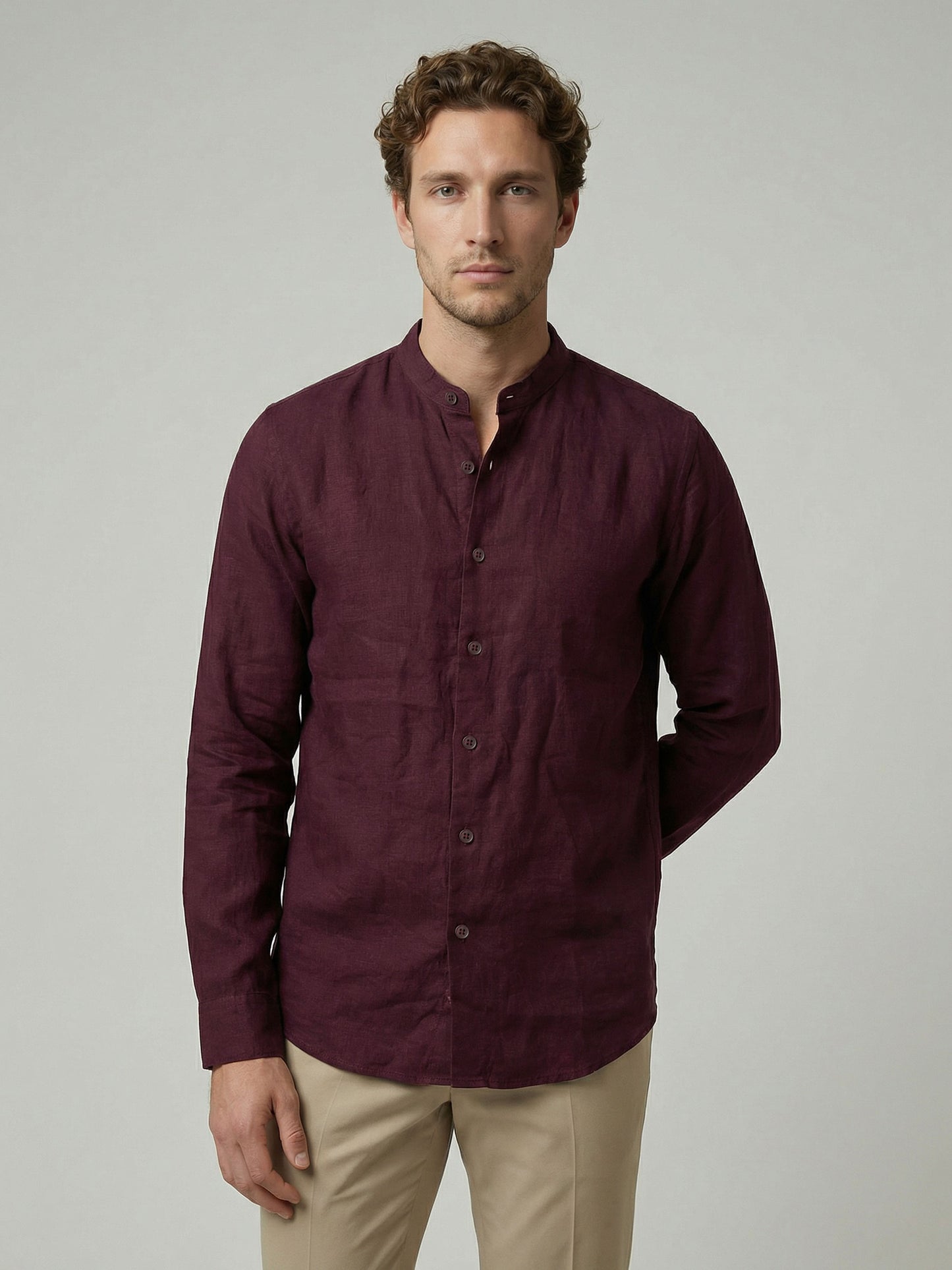 Celio Men Burgundy Solid Regular Fit 100% Linen Shirt