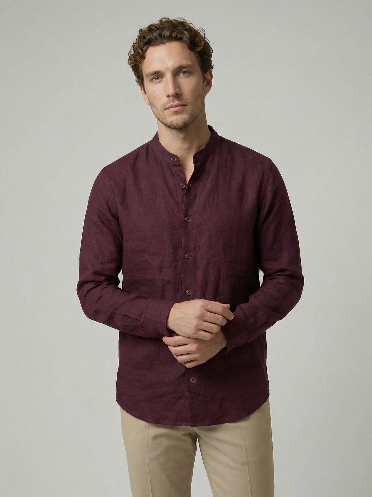 Celio Men Burgundy Solid Regular Fit 100% Linen Shirt
