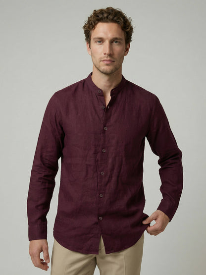Celio Men Burgundy Solid Regular Fit 100% Linen Shirt