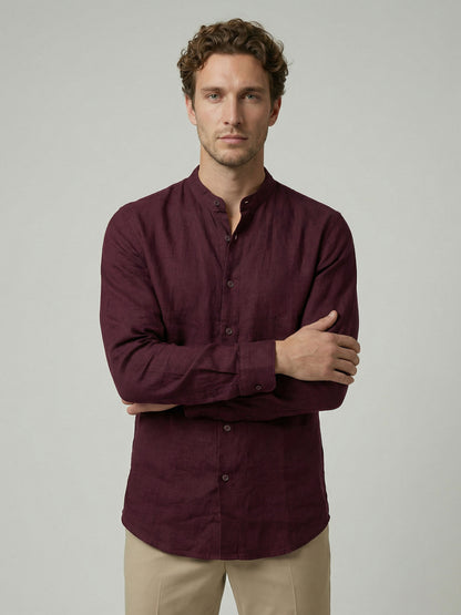 Celio Men Burgundy Solid Regular Fit 100% Linen Shirt