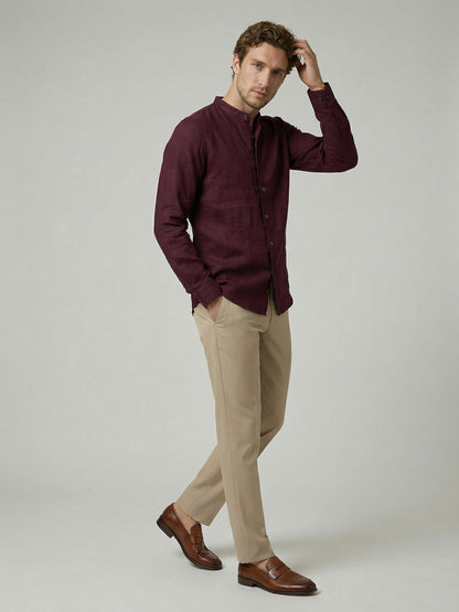 Celio Men Burgundy Solid Regular Fit 100% Linen Shirt
