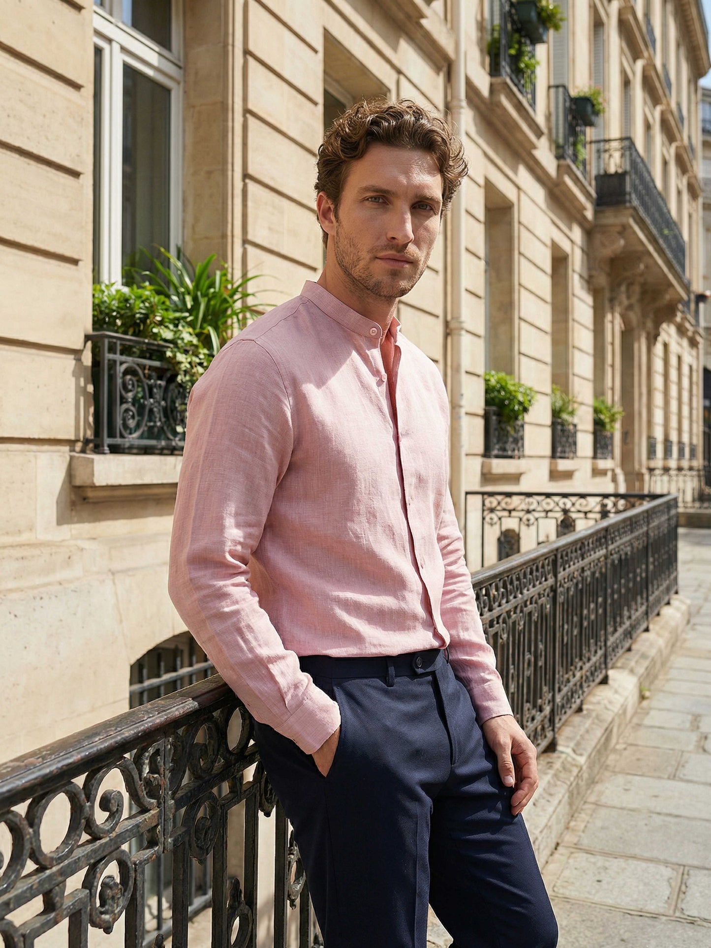 Celio Men Pink Solid Regular Fit 100% Linen Shirts