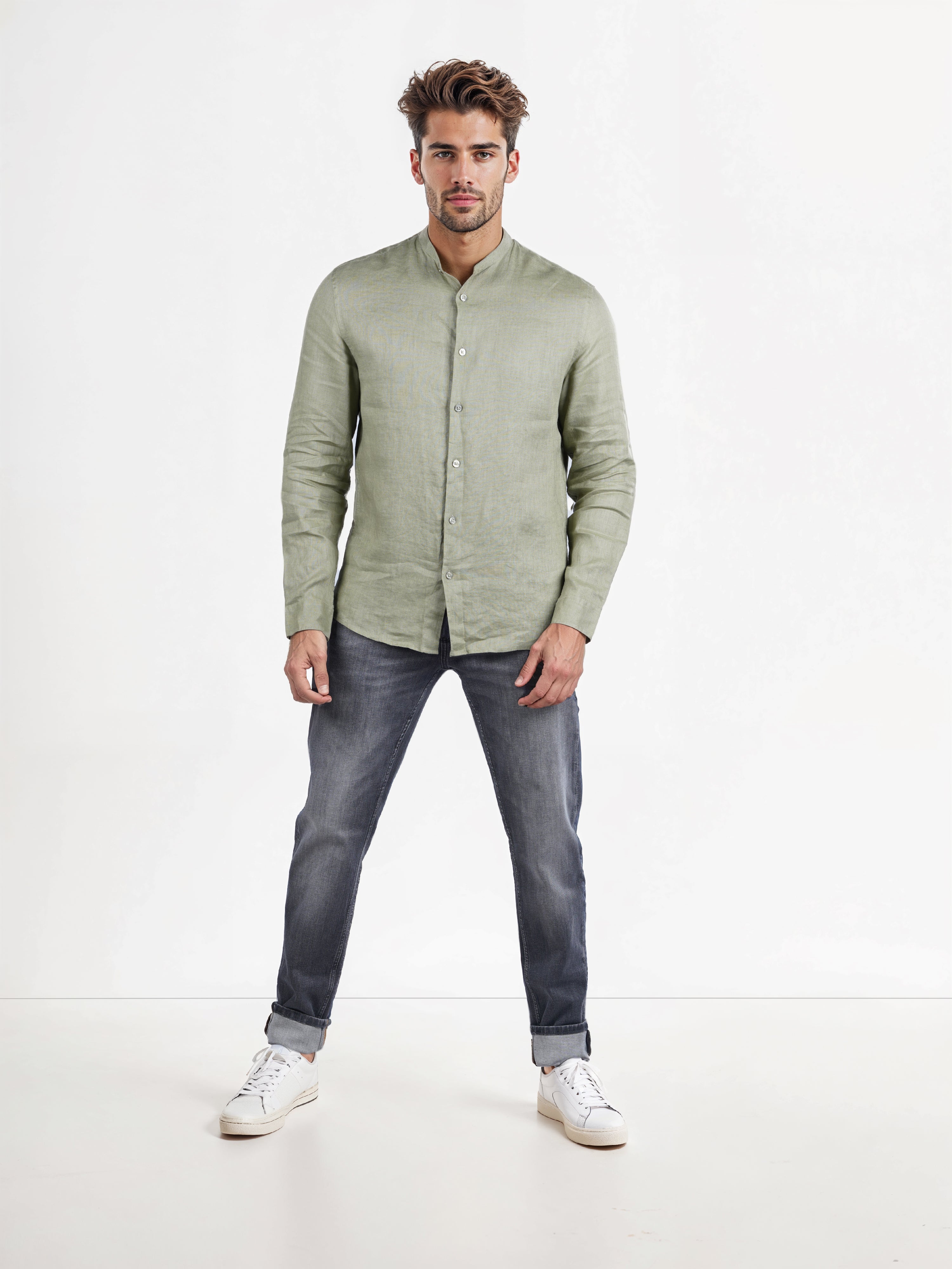 Celio* Solid Regular Fit Linen Olive Shirt