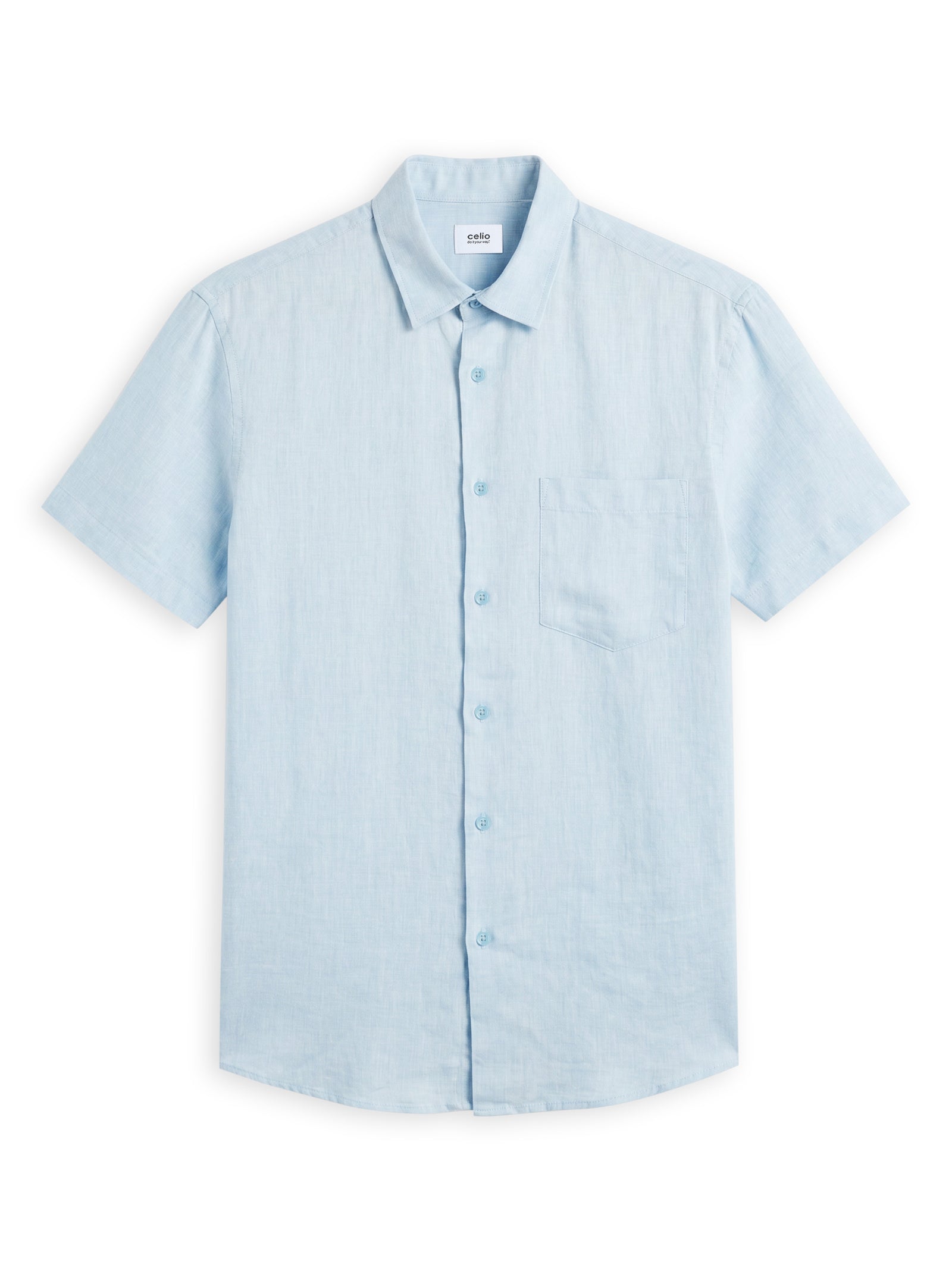 Celio Solid Regular Fit Linen Blue Shirts