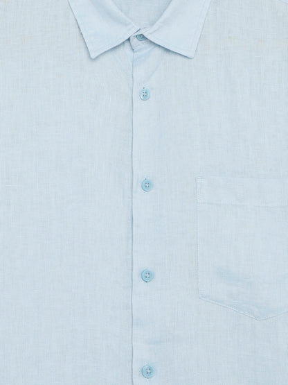 Celio Solid Regular Fit Linen Blue Shirts