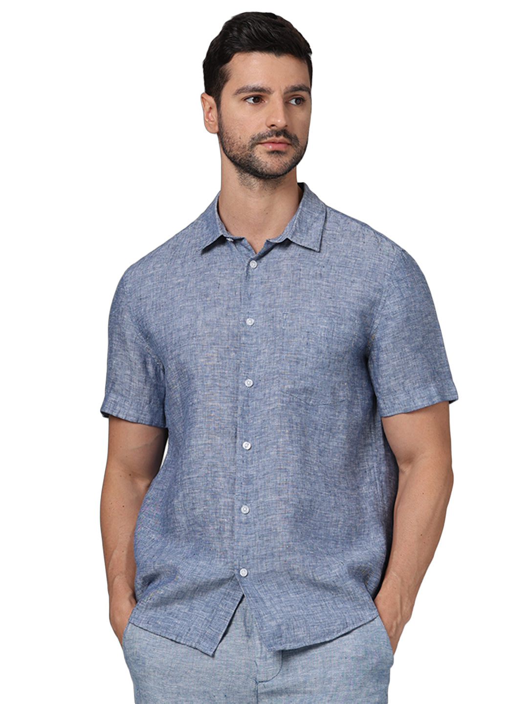 Celio* Solid Regular Fit Linen Blue Shirt