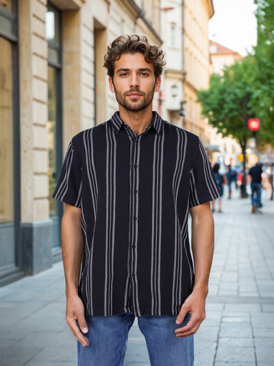 Celio* Striped Regular Fit Cotton Black Shirt