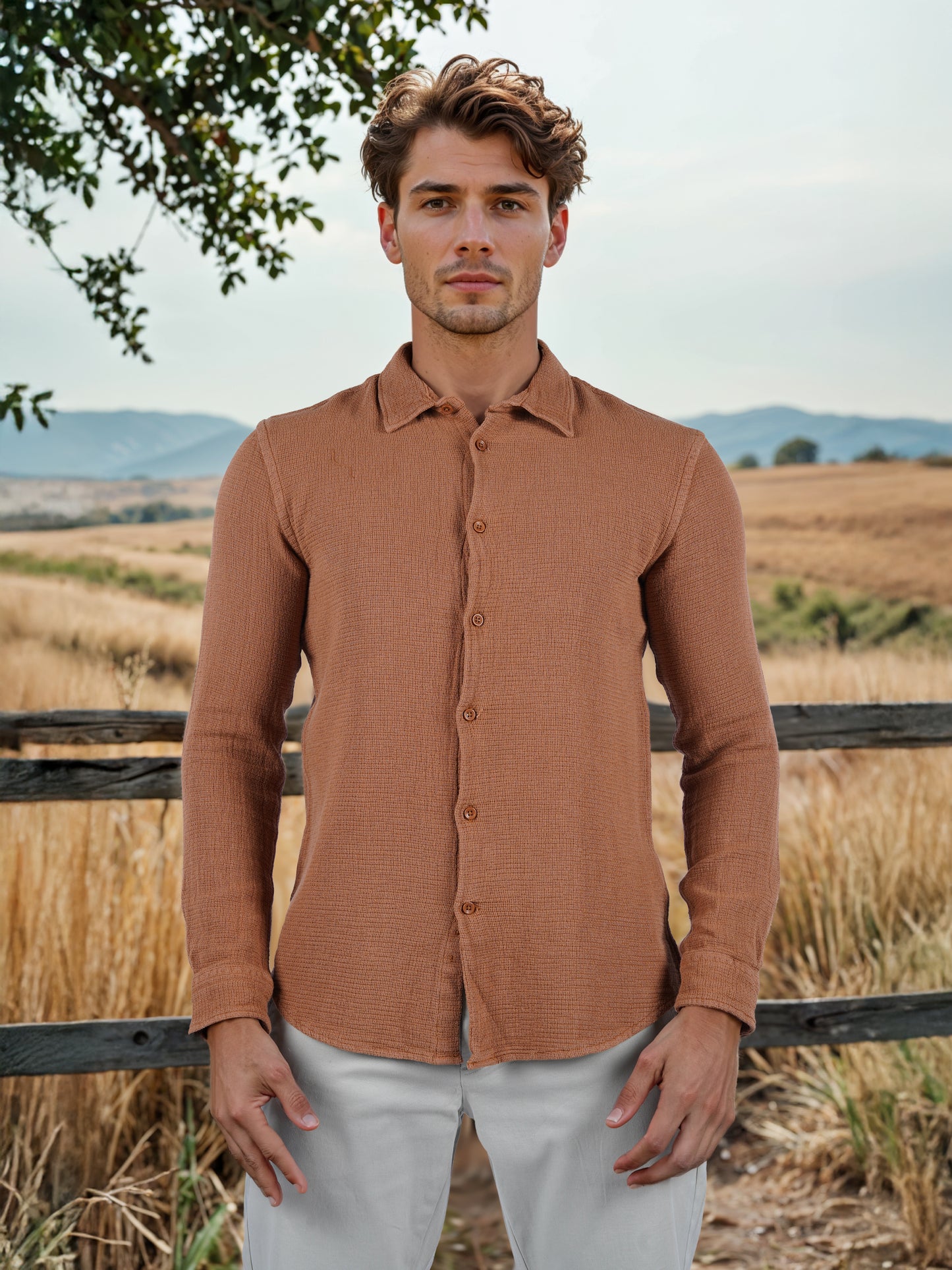 Celio* Solid Regular Fit Cotton Brown Shirt