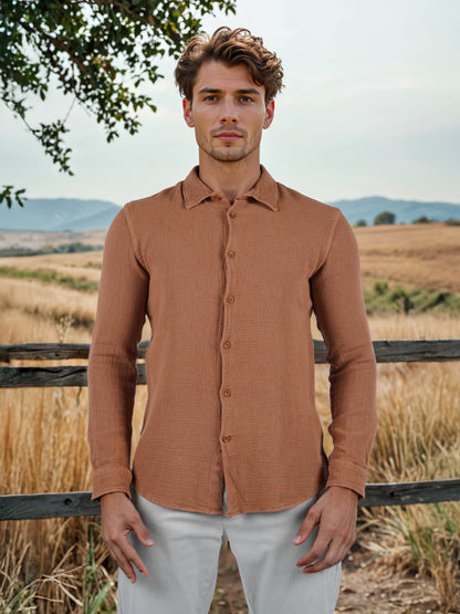 Celio* Solid Regular Fit Cotton Brown Shirt