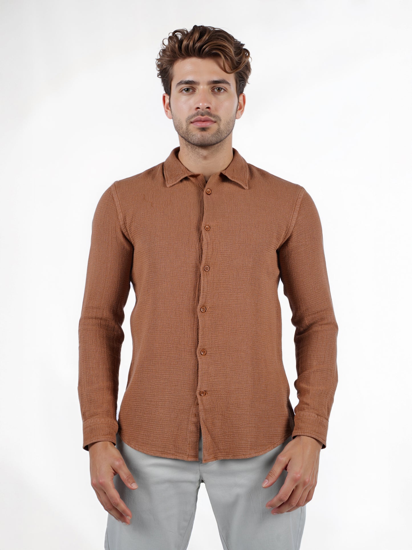 Celio* Solid Regular Fit Cotton Brown Shirt