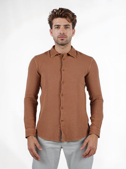 Celio* Solid Regular Fit Cotton Brown Shirt