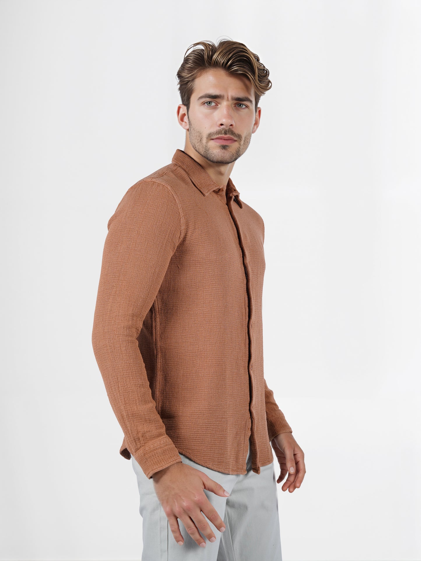 Celio* Solid Regular Fit Cotton Brown Shirt
