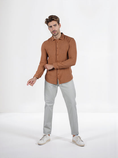 Celio* Solid Regular Fit Cotton Brown Shirt