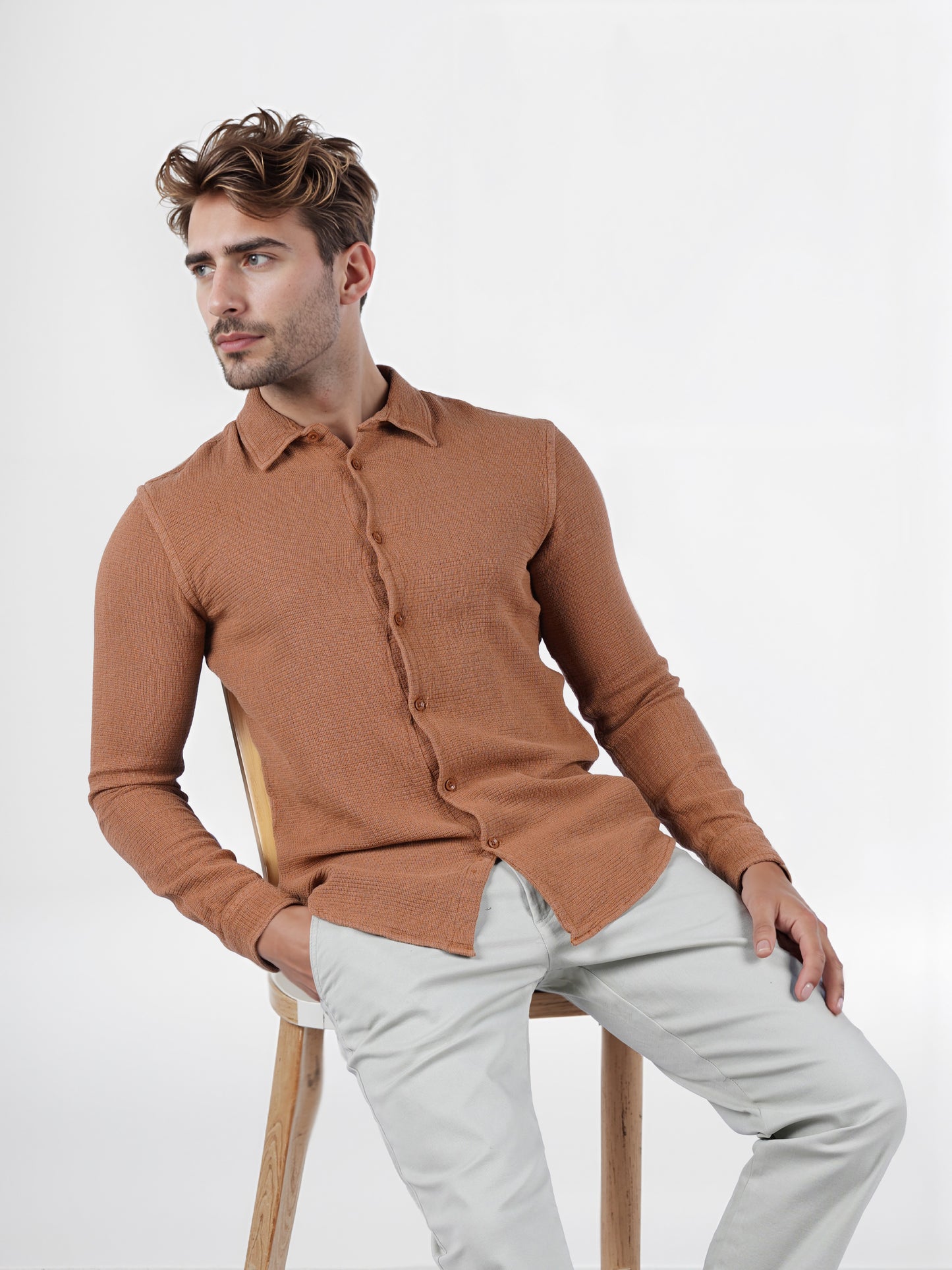 Celio* Solid Regular Fit Cotton Brown Shirt