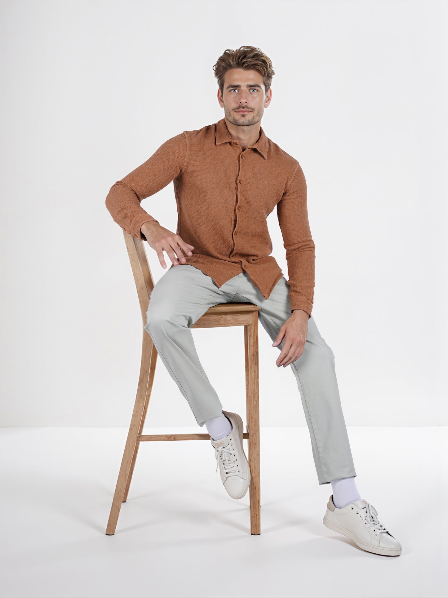 Celio* Solid Regular Fit Cotton Brown Shirt